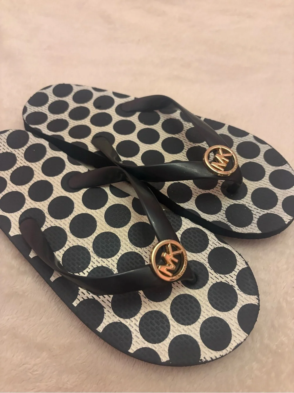 Michael Kors Black Polka Dot Flip Flops with Gold MK Medallions